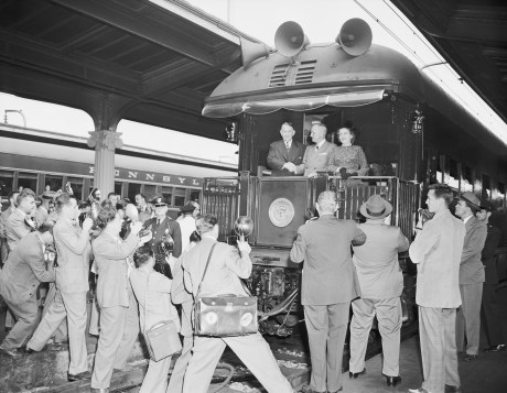 18 Sep 1948, Washington, DC, USA --- A battery of press cameras records the event as Senator Alben Barkley, of Kentucky, his running mate, bids President Truman (center) Godspeed as he left Washington's Union Station at the start of his trans - continental campaign trip. First mayor speech scheduled at Dexter, Iowa. --- Image by © Bettmann/CORBIS